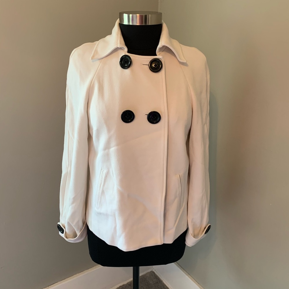 White Stretch Double Breasted Black Button Short … - image 2